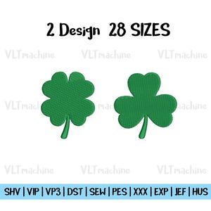 May include: Two embroidery designs of shamrocks, one with four leaves and one with three leaves. The designs are available in 28 sizes and in the following formats: SHV, VIP, VP3, DST, SEW, PES, XXX, EXP, JEF, HUS.