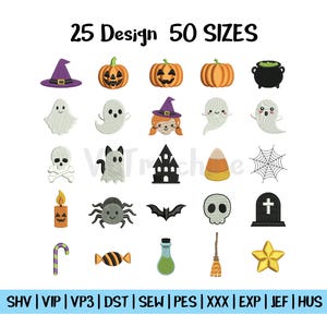 Może przedstawiać: Obraz z 25 wzorami na Halloween w 50 rozmiarach. Wzory obejmują dynie, duchy, kapelusz czarownicy, kocioł, pająka, nietoperza, czaszkę, nagrobek i inne świąteczne elementy. Obraz wymienia również różne formaty plików.