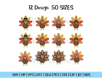 Set Thanksgiving Turkey Embroidery, Set Mini Turkey Embroidery, Set Mini Turkey Thanksgiving Machine Embroidery, 12 Design and 50 sizes