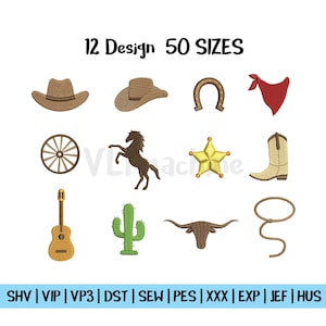 Può includere: Immagine con 12 disegni a tema western: cappelli da cowboy, un ferro di cavallo, una bandana, una ruota di carro, un cavallo rampante, una stella da sceriffo, uno stivale da cowboy, una chitarra, un cactus, un teschio di longhorn e un lazo. Il testo "12 Design 50 SIZES" è in alto.