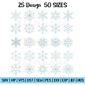 Puede incluir: Un diseño digital con 25 diseños de copos de nieve en color azul claro. El texto en la parte superior dice "25 Design 50 TAMAÑOS". La parte inferior de la imagen muestra varios formatos de archivo.