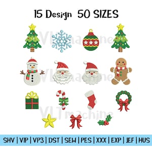 May include: A collection of 15 Christmas-themed embroidery designs, including a Christmas tree, snowflake, ornament, snowman, Santa Claus, gingerbread man, gift, candy cane, stocking, wreath, star, bow, and holly. The text reads "15 Design 50 SIZES".