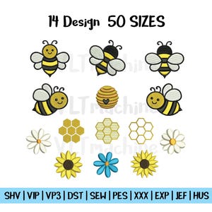 Könnte beinhalten: Ein Bild mit gestickten Bienen- und Blumendesigns. Das Bild zeigt Bienen, Waben, Gänseblümchen, Sonnenblumen und eine blaue Blume. Der Text oben lautet "14 Design 50 SIZES".