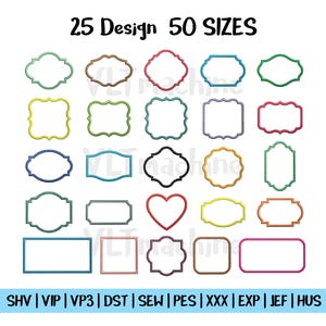 May include: An image featuring 25 different frame designs in various colors, including green, brown, pink, and blue. The text at the top reads "25 Design 50 SIZES". The bottom of the image displays a list of file formats.