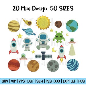 May include: An illustration with 20 mini space-themed designs in 50 sizes. The designs include planets, rockets, astronauts, aliens, and a sun. The text "20 Mini Design 50 SIZES" is at the top.