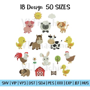 Könnte beinhalten: Ein Bild mit 18 Cartoon-Designs von Bauernhoftieren, darunter ein Schwein, ein Schaf, eine Katze, ein Pferd, eine Kuh, eine Ente, ein Hahn, ein Kaninchen, ein Hund und ein Huhn. Der Text "18 Design 50 SIZES" steht oben.