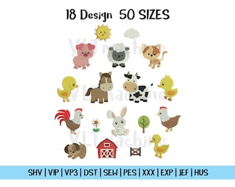 Set Mini Farm Animals Embroidery, Mini Baby Farm Animals Embroidery, Set Safari Animals Machine Embroidery, 18 Mini Design and 50 sizes