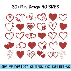 Puede incluir: Imagen con diseños de corazones variados, incluyendo corazones sólidos y delineados, y corazones con adornos. El texto superior dice "30+ Mini Design 40 SIZES". Adecuado para diversos proyectos de manualidades.