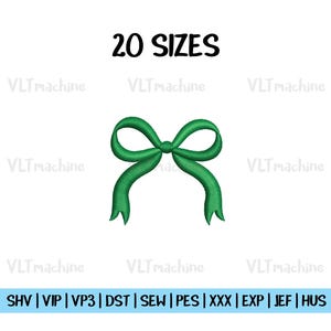Op de afbeelding: Groen strik borduurontwerp in 20 maten. Beschikbaar in de formaten SHV, VIP, VP3, DST, SEW, PES, XXX, EXP, JEF en HUS.