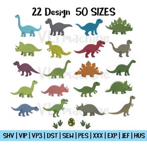 Pode incluir: Imagem com 22 designs de dinossauros em várias cores, incluindo azul, verde, vermelho e cinza. O texto "22 Design 50 SIZES" também é exibido, juntamente com uma lista de formatos de arquivo.