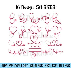 May include: A collection of 16 pink and white stethoscope designs in various styles, including heart shapes and traditional forms. The text "16 Design 50 SIZES" is at the top. Below are file type abbreviations.