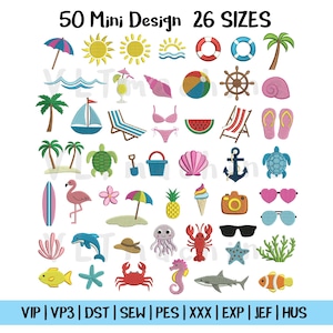 May include: A collection of 50 mini summer-themed designs in various sizes. The designs include beach umbrellas, suns, waves, a sailboat, a flamingo, and other beach-related icons. The text "50 Mini Design 26 SIZES" is at the top.