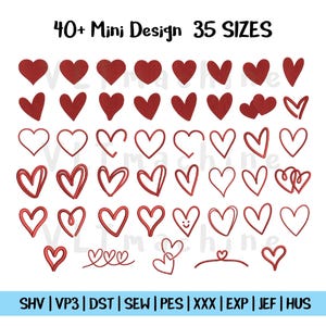 Puede incluir: Una colección de diseños de corazones rojos en varios estilos, incluyendo versiones sólidas y delineadas. La imagen incluye el texto "40+ Mini Design 35 SIZES" y abreviaturas de tipos de archivo.