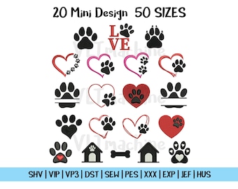 Set Mini Heart Paw Embroidery, Mini Dog Paw Embroidery Design, Set Paw Machine Embroidery, Cute Heart Paw Embroidery, 20 Design, 50 sizes