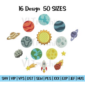 Op de afbeelding: Een illustratie met verschillende hemellichamen, waaronder planeten, een zon, een maan en een raket. Het ontwerp bevat bovenaan de tekst "16 Design 50 SIZES". De afbeelding staat op een witte achtergrond.