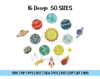 Set Planeten Stickerei, Set Mini Planeten Stickerei, Set Sonnensystem Stickerei, Set Mini Weltraum Stickerei, 16 Design Stickerei 50 Größen
