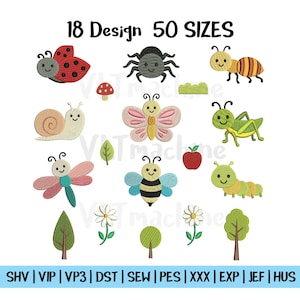 Può includere: Illustrazione con 18 disegni di insetti e 50 dimensioni. I disegni includono una coccinella, un ragno, una formica, un fungo, una lumaca, una farfalla, una cavalletta, una libellula, un'ape, una mela, un bruco, una foglia, fiori e alberi.