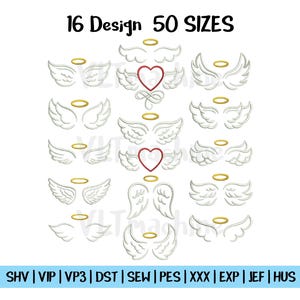 May include: A collection of 16 angel wing designs with gold halos and a red heart. The text at the top reads "16 Design 50 SIZES". The bottom of the image displays various file formats.