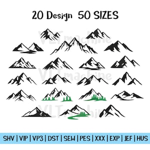 Op de afbeelding: Een verzameling van 20 zwarte bergontwerpen op een witte achtergrond. De tekst "20 Design 50 SIZES" staat bovenaan. Bestandsafkortingen staan onderaan. Sommige ontwerpen bevatten bomen.