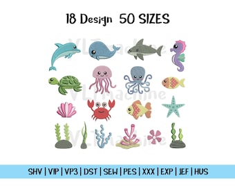 Set Mini Sea Animals Embroidery, Mini Ocean Sea Animals Embroidery , Set Ocean Machine Embroidery, Cute Sea Embroidery, 18 Design 50 sizes