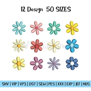 以下が含まれることがあります： 青、ピンク、緑、黄色など、さまざまな色の12種類の刺繍の花のデザインが特徴の画像です。「12 Design 50 SIZES」というテキストが上部にあります。花の下にはファイルタイプの略語が表示されています。