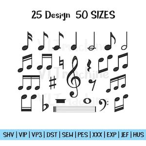 Puede incluir: Notas musicales y símbolos en blanco y negro, incluyendo corcheas, negras y una clave de sol. La imagen incluye el texto "25 Design 50 SIZES".