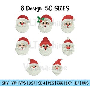 May include: An image featuring eight embroidered Santa Claus face designs with red hats and white beards. The text at the top reads "8 Design 50 SIZES". The bottom of the image displays various file formats.