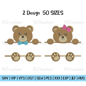 Puede incluir: Dos diseños de osos de peluche con el texto "2 Design 50 SIZES". Un oso tiene una pajarita azul, el otro un lazo rosa. Debajo hay dos juegos de huellas de patas de oso. La parte inferior de la imagen tiene una lista de tipos de archivos.
