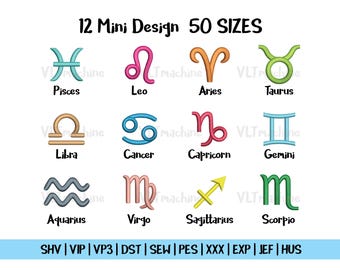 Set Mini Sternzeichen Stickerei, Set Sternzeichen Stickerei, Mini Sternzeichen Maschinenstickerei, Astrologie Sternzeichen Stickerei, 12 Mini Design 50 Größen