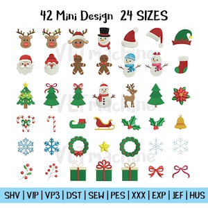 May include: A collection of 42 mini Christmas-themed designs in 24 sizes. The designs include reindeer, snowmen, Santa, gingerbread people, Christmas trees, candy canes, snowflakes, wreaths, gifts, and bows. The text "42 Mini Design 24 SIZES" is at the top.
