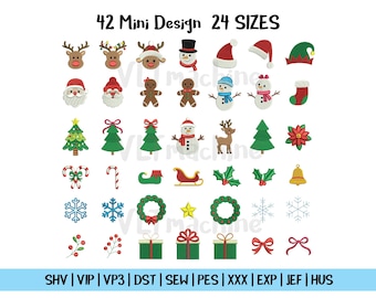 Set Weihnachtsstickerei, Set Mini Weihnachtsstickerei, Set Süße Weihnachtsstickerei, Set Mini Stickdatei Santa, 42 Mini Design, 24 Größen