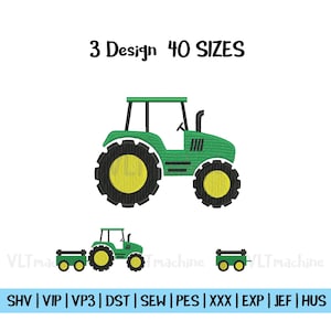Puede incluir: Una ilustración de un tractor verde con ruedas negras y amarillas, y el texto "3 Design 40 SIZES". Debajo hay dos diseños de tractores más pequeños y un remolque. La imagen tiene un fondo blanco.