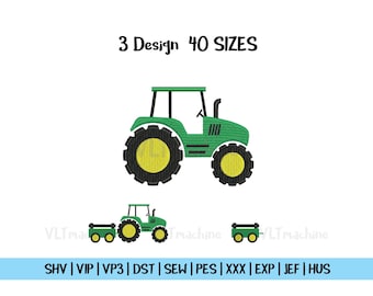 Può includere: Un'illustrazione di un trattore verde con ruote nere e gialle e la scritta "3 Design 40 SIZES". Sotto ci sono due modelli di trattori più piccoli e un rimorchio. L'immagine ha uno sfondo bianco.
