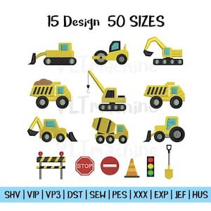 Op de afbeelding: Een verzameling gele bouwmachines en verkeersborden, waaronder een bulldozer, een dumper, een kraan en een verkeerskegel. De afbeelding bevat ook de tekst "15 Design 50 SIZES".