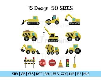 Set Mini Construction Embroidery, Mini Construction Trucks Embroidery Design, Set Construction Machine Embroidery, 15 Mini Design, 50 sizes