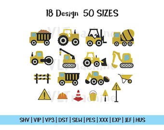 Set Mini Construction Embroidery, Mini Construction Vehicles Embroidery, Set Construction Machine Embroidery, 18 Mini Design and 50 sizes