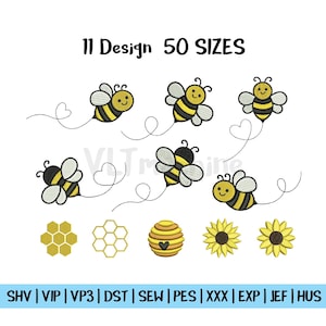 Op de afbeelding: Een afbeelding met geborduurde bijenontwerpen, honingraten, een bijenkorf en zonnebloemen. De tekst bovenaan luidt "11 Design 50 SIZES". De afbeelding bevat verschillende borduurformaten.