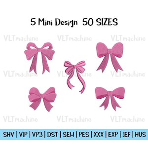 May include: Five pink bow designs in various sizes. The designs are for embroidery machines and are available in 50 sizes. The file formats included are SHV, VIP, VP3, DST, SEW, PES, XXX, EXP, JEF, and HUS.