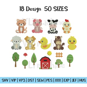 May include: An image showing 18 farm-themed designs, including a cat, pig, cow, chick, sheep, dog, duck, horse, and a larger chick. Other designs include trees, a mushroom, a barn, and a fence. The text "18 Design 50 SIZES" is at the top of the image.