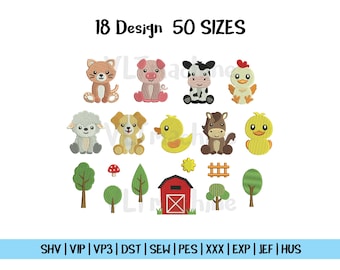 Set Mini Farm Animals Embroidery, Mini Baby Animals Embroidery Design, Set Cute Farm Animals Machine Embroidery, 18 Mini Design, 50 sizes