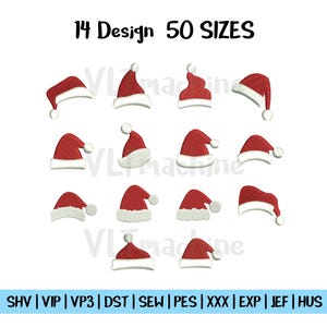 May include: An illustration of 14 red and white Santa hats in various designs. The text at the top reads "14 Design 50 SIZES". The bottom of the image displays various file formats.