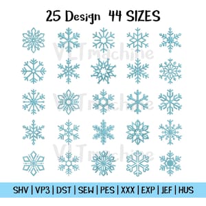 May include: A collection of 25 snowflake designs in various styles and sizes. The image includes the text "25 Design 44 SIZES" at the top. The bottom of the image contains file type abbreviations.