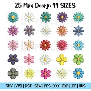以下が含まれることがあります： ターコイズ、白、緑、紫、ピンク、オレンジ、黄色など、さまざまな色の25個のミニデイジーデザインのコレクション。「25 Mini Design 44 SIZES」というテキストが上部にあります。ファイル形式の略語は花の下にあります。