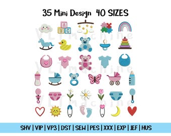 Set Mini Baby Stickerei, Mini Baby Stickerei, Set Baby Geburt Maschinenstickerei, Set Baby Stickerei, 35 Mini Design und 40 Größen
