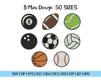 Mini Sports Ball Embroidery, Set Sports Ball Embroidery, Set Mini Sports Machine File, Soccer Sports Embroidery, 8 Mini Design and 50 sizes