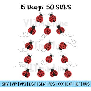 Könnte beinhalten: Auf weißem Hintergrund rote Marienkäfer mit schwarzen Punkten und Fühlern, jeweils mit geschwungener Linie und Herz. Oben steht "15 Design 50 SIZES". Unten stehen Dateityp-Abkürzungen.