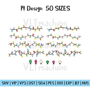 May include: Digital design featuring colorful string lights in various styles. The image includes the text "14 Design 50 SIZES" and a list of file formats. Perfect for holiday-themed crafts and projects.