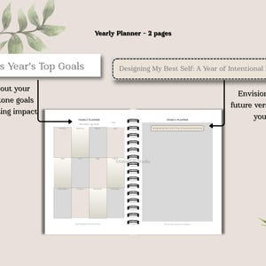 Yearly planner PDF with goal roadmap, 12 monthly goal boxes, milestone tracker, and vision board. Works on GoodNotes, Samsung Notes, or printable (A4, A5, Letter). An undated agenda for intentional growth, productivity, selfcare, and balanced planning.