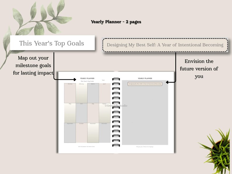 Yearly planner PDF with goal roadmap, 12 monthly goal boxes, milestone tracker, and vision board. Works on GoodNotes, Samsung Notes, or printable (A4, A5, Letter). An undated agenda for intentional growth, productivity, selfcare, and balanced planning.
