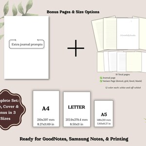 Bonus pages include journal prompts and note pages (grid, lined, dotted, blank) each in 2 colors. Extra space for journaling, writing, or ideas. All core pages, cover, and bonus available in 3 sizes (A4, A5, US Letter) — for GoodNotes, Samsung Notes, or printable.
